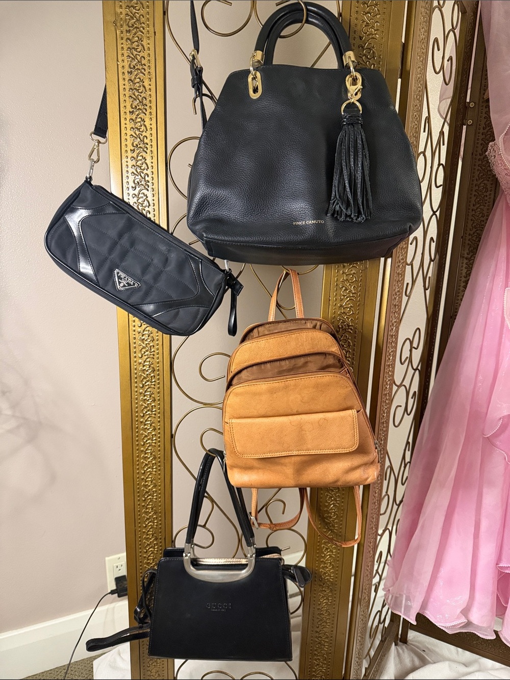 Vince Camuto, Prada, Gucci, leather handbags, knock offs